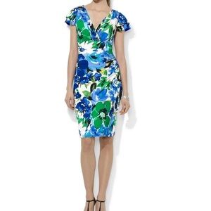 Ralph Lauren 8001 Cannes blue floral flutter sleeve stretch jersey dress size 14